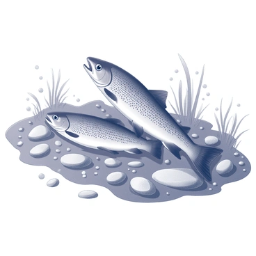 A pair of brown trout positioned close to each other on a riverbed. The trout are in a natural swimming posture, their bodies exhibiting the intricate details of scales and fins. The riverbed is composed of smooth pebbles and gravel, with some larger stones scattered throughout. Surrounding the trout, aquatic vegetation is present, adding texture to the scene. Bubbles can be seen rising from the riverbed, indicating movement in the water. The overall composition captures the dynamic nature of the spawning season.