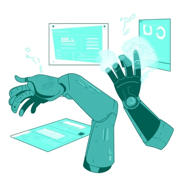 A pair of teal futuristic gloves is worn by a person, with intricate circuits and glowing lines illuminating the surface. The gloves are positioned in front of a high-tech robotic arm that is made of sleek silver metal and features advanced articulation. The robotic arm is actively mimicking the movements of the wearer's hands, showcasing the flexibility of its joints. Surrounding the setup, there are holographic displays projecting various data and control options, enhancing the futuristic feel of the scene.