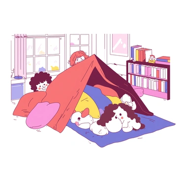 A group of children is inside a tent made from colorful blankets and fluffy pillows in a living room. The tent is shaped like a small cozy hideout, with one side open, revealing the children's smiling faces. One child is peeking out from the entrance, while another is lying on the floor, surrounded by an array of plush toys. Soft, natural light filters in through the gaps in the blankets, creating a warm atmosphere. In the background, a few scattered toys and a bookshelf can be seen, adding to the playful environment of the living room.