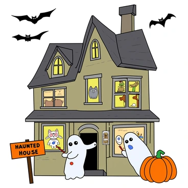 A spooky yet comical haunted house stands tall with crooked windows and a dark gray roof. Bats are flying in the night sky above, adding to the eerie atmosphere. In front of the house, a sign reads "Haunted House" with a quirky, wobbly font. Inside, several cartoon ghosts with playful expressions float around, each holding a paintbrush. One ghost is painting a colorful portrait of a surprised cat, while another ghost is attempting to paint a self-portrait but has accidentally splattered paint on itself. The walls are adorned with funny, mismatched portraits of various animals, all with silly expressions. A friendly pumpkin sits on the porch, completing the whimsical scene.