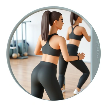 A woman, wearing a black sports bra and matching leggings, is performing hip circles in front of a large mirror. She has long, straight brown hair pulled back into a high ponytail. The gym is modern, featuring bright lighting and various exercise equipment in the background. The mirror reflects her form as she moves fluidly, showcasing her focus and determination. The floor is a polished wood, enhancing the contemporary feel of the space.