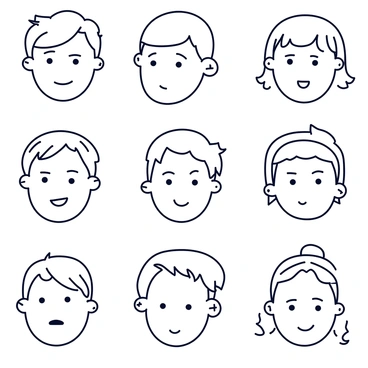 A collection of face sketches arranged on a white background. Each sketch represents a different angle, including front view, side view, and three-quarter view. The faces vary in features, such as different hairstyles, expressions, and ethnicities. Each sketch is simple and minimalistic, focusing on the outlines and key facial features without intricate details. The sketches are evenly spaced across the page, creating a balanced layout.