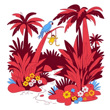 A red jungle filled with various oversized plants in shades of green. There are tall, leafy trees with broad leaves and wide trunks scattered throughout the scene. In the foreground, a blue parrot is perched on one branch, its feathers bright and vivid. Nearby, a small yellow monkey swings from another branch, its playful expression visible. Beneath the trees, colorful flowers bloom in clusters, adding vibrancy to the jungle floor. A small stream weaves through the scene, reflecting the colors of the jungle around it.