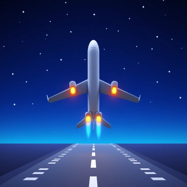 An airplane lifting off from a runway, its lights illuminating the tarmac. The night sky is filled with numerous stars twinkling brightly. The airplane's wings are extended, and its engines are producing a trail of fire and smoke. The runway is marked with bright white lines and illuminated by ground lights. The scene captures the moment of takeoff, showcasing the airplane in a dynamic upward trajectory against the backdrop of the vast starry sky.