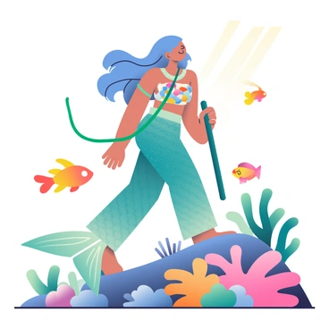 A mermaid with long, flowing blue hair and shimmering teal scales is hiking along a vibrant coral reef. She is wearing a top made of colorful shells and has a seaweed vine wrapped around her arm. In her right hand, she is using a thick seaweed vine as a walking stick, aiding her movement across the rocky formations. Brightly colored fish are swimming nearby, darting in and out of the coral formations, while soft sunlight filters down through the water, creating dancing patterns of light. The coral reef is lush with various shapes and sizes, featuring green, pink, and orange corals.