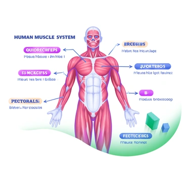 A detailed illustration of the human muscular system featuring a realistic representation of the body. The muscles are shown in vibrant colors, clearly highlighting the major muscle groups including the biceps, triceps, quadriceps, hamstrings, pectorals, and abs. Each muscle group is labeled with clear and bold text. The illustration also includes annotated arrows pointing to each muscle group, providing further details about their functions. The background is a soft pastel color to enhance the visibility of the muscular system.
