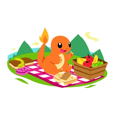 A small orange Charmander sitting on a checkered picnic blanket. Next to it, there is a woven picnic basket overflowing with various fruits, including bright red apples, yellow bananas, and green grapes. Surrounding Charmander are several colorful snack items, such as small sandwiches cut into triangles and packs of cookies. The scene is set in a grassy park with a few trees in the background, enhancing the picnic atmosphere. Charmander has a cheerful expression, its tail flickering gently with a small flame at the tip.