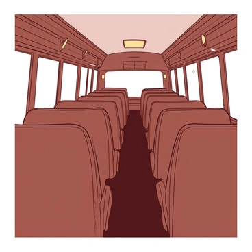 The interior of a vintage tour bus features rich, brown leather seats arranged in neat rows. Each seat has a slightly worn texture, emphasizing its classic charm. The walls of the bus are adorned with polished wood paneling, adding warmth to the atmosphere. There are small brass accents on the seat handles and overhead compartments, reflecting a time of elegant travel. The floor is covered with a dark carpet, contrasting with the lighter wood tones. Soft lighting fixtures are mounted on the ceiling, providing a cozy ambiance throughout the space.