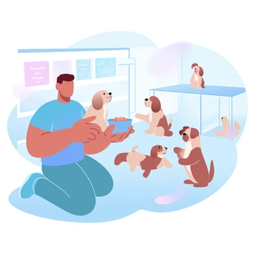 A volunteer wearing a blue t-shirt is kneeling on the floor of a bright animal shelter. The volunteer is gently holding a small, fluffy puppy in their hands. The puppy has soft, light brown fur and is looking up with curiosity. The volunteer is offering the puppy a bowl of food, which is filled with small kibble pieces. In the background, there are colorful posters on the walls promoting pet adoption. A few other puppies are in their pens, playing and exploring their surroundings. Soft gradient pastel colors fill the image, creating a warm and inviting atmosphere.