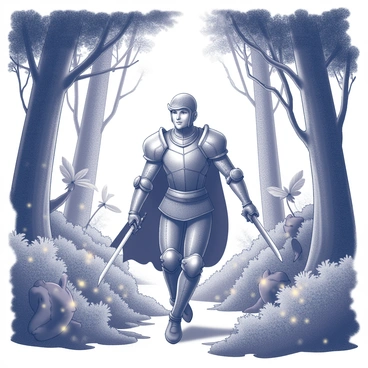 A brave hero wearing armor is walking through an enchanted forest. The hero has a determined expression and is holding a sword at the ready. Surrounding the hero are plants that emit a soft glow, illuminating the dark surroundings. Various mythical creatures, such as fairies and small dragons, can be seen peeking from behind trees and bushes, their forms partially obscured by the foliage. Towering trees with twisted branches create a canopy overhead, casting intricate shadows on the forest floor. The atmosphere is filled with a sense of adventure and exploration.