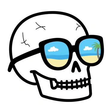 A white skull, detailed with cracks and textures, wearing oversized sunglasses. The lenses of the sunglasses reflect a vibrant beach scene, showing a blue ocean, sandy shore, and palm trees. The background features a clear sky with a few fluffy clouds. The overall composition focuses on the striking contrast between the skull and the colorful beach reflection in the sunglasses.