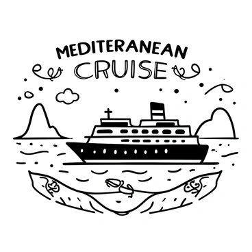 A large cruise ship sailing on a wide expanse of water, with stylized waves creating movement beneath it. The ship is adorned with various decks and lifeboats, portrayed in intricate detail. In the background, there are several distant hills and cliffs that suggest a Mediterranean coastline. The sky above is filled with dotted clouds, and words "Mediterranean Cruise" are prominently displayed across the top. There are decorative elements like anchors and ropes intertwined around the text.