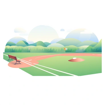 A baseball field is located in the foreground, featuring a well-maintained grass infield and a dirt pitcher's mound. White chalk lines mark the base paths and the foul lines. Surrounding the field, there are expansive open fields with tall grass swaying gently in the breeze. In the background, a series of distant hills rise gently, adding depth to the scene. The sky is partly cloudy, with soft sunlight illuminating the field and casting long shadows. A wooden bench sits along the first baseline, and a few colorful banners are draped on the outfield fence.