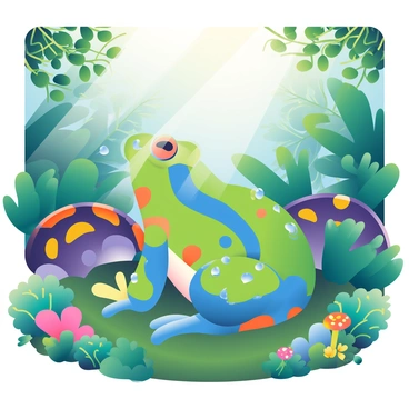 A scene depicting colorful extinct amphibians, including a gastric-brooding frog with distinct features, is set in a vibrant rainforest. The frog is portrayed with a bright green body adorned with vivid blue and yellow patterns. Surrounding it are lush, green leaves with droplets of water glistening on their surfaces. Other extinct amphibians in the scene exhibit a variety of colors, including deep purple and bright orange markings. Sunlight filters through the dense canopy above, casting dappled light onto the mossy ground, which is dotted with colorful fungi and small flowers. The atmosphere is lively with the presence of various lush flora and the sounds of the wilderness.