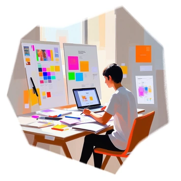 A designer with medium skin and short black hair is seated at a large, cluttered wooden desk, intently working on creating a brand identity. Surrounding the designer are various mood boards pinned to the wall, featuring images that inspire the project. On the desk, there are color swatches laid out in a spectrum of vibrant hues, along with typography samples showcasing different fonts. The designer is sketching ideas on a notepad, and a laptop is open, displaying a digital design application with the brand elements in progress. Bright natural light enters through a window, illuminating the workspace.