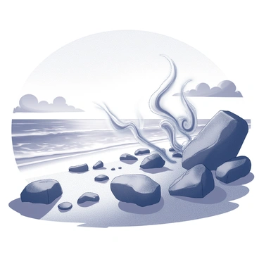 A rocky shoreline with large, jagged stones scattered along the beach. Ethereal spirits are depicted as flowing, translucent forms, gently washing over the rocks and the sand. The spirits appear to be swirling and intertwining, creating a dynamic interaction with the environment. The sunset casts long shadows and outlines the shapes of the spirits, providing a contrast against the darker rocks. The sky is filled with various cloud formations, reflecting the fading light of the day.
