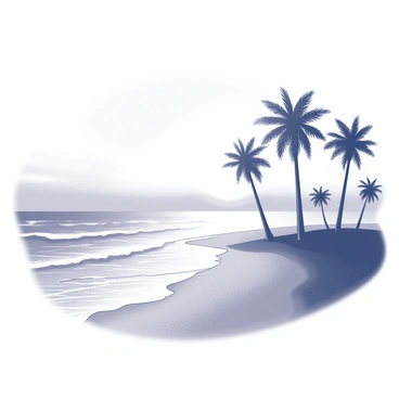 A beach scene with gentle waves lapping at the shore. The horizon is marked by the setting sun, casting a soft light across the landscape. Silhouetted against this light are several palm trees, their tall trunks and fronds creating distinctive shapes. The sky above the beach features a gradient of tones as the sun descends, while the sandy beach remains tranquil and inviting.