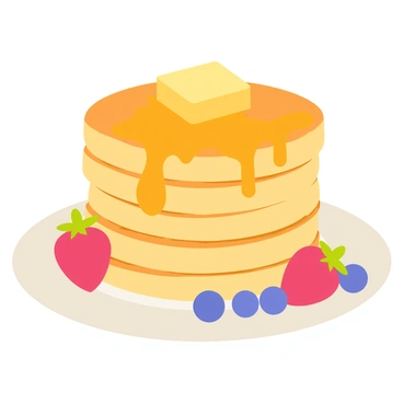 A towering stack of golden-brown pancakes sits on a white plate. The pancakes are fluffy and round, each layer slightly larger than the one above it. On top of the stack, there is a rectangular pat of butter melting, creating a shiny, creamy pool that drips down the sides. A light drizzle of maple syrup cascades over the pancakes, adding a rich, amber color. A few strawberries and blueberries are scattered around the plate, providing a pop of red and blue against the warm tones of the pancakes.