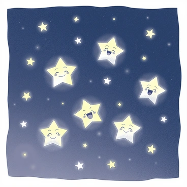 A night sky filled with numerous stars. Each star is depicted with a glowing face, exhibiting expressions of joy or delight. The stars are twinkling brightly against the dark backdrop of the night, creating a lively and whimsical atmosphere. The overall scene conveys a sense of wonder and enchantment, with the stars appearing to interact through their cheerful expressions.