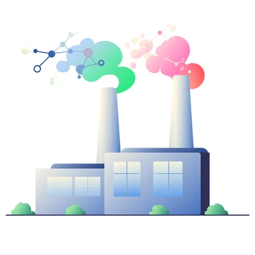 A large factory with towering smokestacks is positioned prominently in the background. The chimneys are releasing vibrant, swirling plumes of smoke in various colors, including blue, green, and pink. Each smoke trail morphs into distinct shapes resembling carbon molecules, with interconnected orbs and lines illustrating their structure. The factory has a metallic exterior, with large windows reflecting the colorful smoke against a clear sky. In the foreground, there are patches of grass, adding a touch of greenery to the industrial scene.