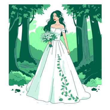 A bride stands in an enchanted forest, surrounded by tall, lush trees and delicate, shimmering lights filtering through the leaves. She is wearing a flowing white gown adorned with intricate green leaf and vine motifs, which elegantly cascade down the fabric. The dress has a fitted bodice and a full skirt that blends harmoniously with the natural surroundings. Her long hair is adorned with small white flowers, and she is holding a bouquet of vibrant wildflowers. The forest floor is carpeted with soft moss and scattered petals, adding to the enchanting atmosphere.