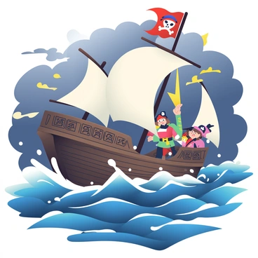 An anime pirate ship with billowing sails is navigating through a stormy sea. The ship has a dark wood hull adorned with intricate carvings and a vibrant skull flag fluttering at the top of the mast. Waves crash against the sides of the ship, splashing wildly, and the ocean is a deep blue, churning with white foam. In the background, dark storm clouds gather, and flashes of bright lightning illuminate the scene, casting dramatic shadows. The crew, dressed in colorful pirate attire, is seen bracing themselves against the wind and rain, with expressions of determination on their faces as they steer the ship through the tempest.