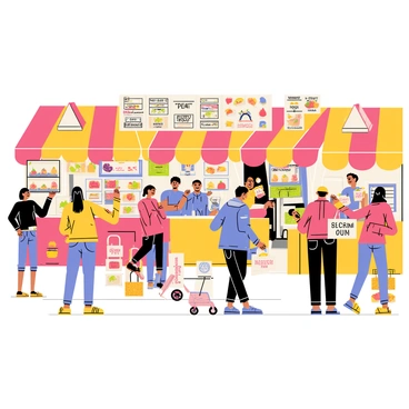 A busy marketplace filled with colorful stalls displaying various goods. Each stall has vivid awnings in shades of red, yellow, and blue, showcasing fruits, vegetables, and handmade crafts. Shoppers of different ages and backgrounds are seen browsing and interacting with vendors. Some shoppers carry bags filled with items, while others are engaged in lively conversations. The scene is bustling with energy, with people moving through narrow pathways between the stalls. A variety of signs indicating prices and products hang above the stalls, adding to the vibrant atmosphere.