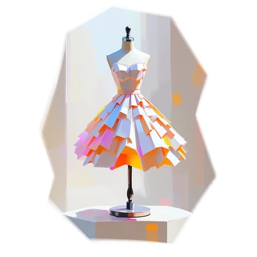 A dress made entirely of intricately folded origami pieces is elegantly displayed on a mannequin. The origami pieces vary in size and shape, creating a textured surface that captures light in different ways. Each fold and crease of the paper adds a unique dimension to the dress, which showcases a palette of soft pastel colors, including pink, blue, and yellow. The mannequin is positioned on a simple pedestal, allowing the viewer to appreciate the delicate craftsmanship and meticulous detail of the origami design. The background is softly blurred to keep the focus on the stunning dress.