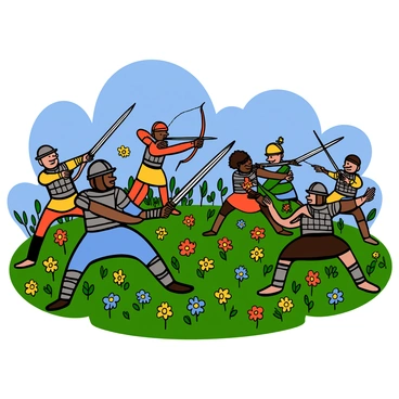 A group of warriors with various skin tones are practicing combat skills in a blooming field filled with colorful flowers. The warriors are dressed in traditional armor, showcasing intricate details such as metal chest plates and colorful fabrics. Brightly colored flowers in shades of red, yellow, and blue surround them, adding vibrancy to the scene. The sky is clear and blue, enhancing the spring atmosphere. Some warriors are sparring with swords, while others are practicing archery, demonstrating focus and dedication. The sunlight casts warm shadows on the ground, highlighting the lively action in the midst of nature.