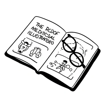 An open magazine lying on a flat surface displaying the title "The Role of Medical Illustrators" prominently on one page. The article features detailed illustrations of human anatomy, showcasing various medical conditions and treatments. A pair of glasses rests beside the magazine, adding a touch of personality. The background includes a soft shadow, highlighting the texture of the magazine pages.