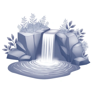 A waterfall is cascading down a rocky cliff. The water flows into a pool below, creating ripples on the surface. Surrounding the pool, there are various plants and trees with detailed leaves, forming a dense area of greenery. The rocks near the waterfall are worn smooth by the water, and the scene conveys the natural beauty of the landscape.