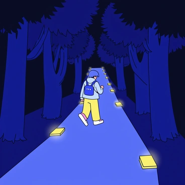 A narrow path winding through a dark forest, surrounded by tall trees with dense foliage. The path is lined with small, glowing lights that emit a soft, warm glow. These lights are spaced evenly along the sides of the path, creating a gentle illumination. A lone traveler is walking along the path, wearing a light jacket and carrying a small backpack. The traveler is looking ahead, following the lights while shadows dance around them in the forest.