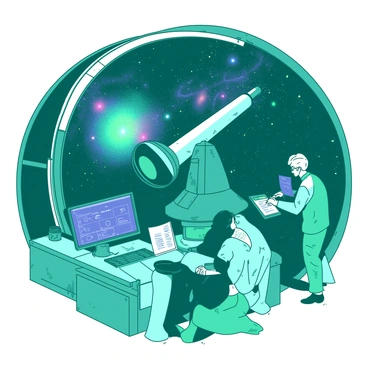 A group of astronomers in a teal futuristic observatory are gathered around a large, advanced telescope aimed at the night sky. The observatory is surrounded by large glass walls that reveal a stunning view of distant galaxies filled with vibrant colors. One astronomer is making notes on a holographic screen, while another is adjusting the telescope's controls. The room is filled with various technological equipment, including monitors displaying intricate data about the galaxies. The atmosphere is focused and engaged, as they work together to unravel the mysteries of the universe.