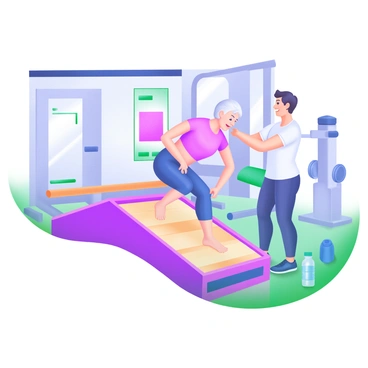 An elderly person performing step-ups on a sturdy wooden platform, supported by a trainer. The elderly individual has gray hair and is wearing comfortable athletic clothing. The trainer, a younger individual with a friendly expression, stands beside them, offering guidance. The background shows a bright, modern gym with exercise equipment and motivational posters adorning the walls. The floor has a soft mat for safety, and a water bottle sits on the side, ready for use. The atmosphere conveys focus and determination.