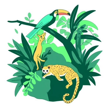 A composition featuring a vibrant array of tropical animals in a lush green environment. A teal toucan perches on a thick branch, showcasing its colorful beak. Nearby, a yellow sloth hangs lazily from a tree, its fur blending subtly with the surrounding leaves. In the shadows below, a sleek yellow jaguar rests against a large rock, its spotted coat providing camouflage amidst the dappled sunlight filtering through the canopy. The foliage of various plants fills the background, enhancing the tropical ambiance of the scene.