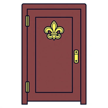A wooden door with a rich, dark finish. The door features an ornate door handle shaped like a "fleur-de-lis" at its center. The handle is made of polished brass, exhibiting intricate details and elegant curves. The surrounding area of the handle showcases a subtle, embossed design that complements the handle's shape. The wood grain of the door is visible, adding texture and depth to the overall appearance.