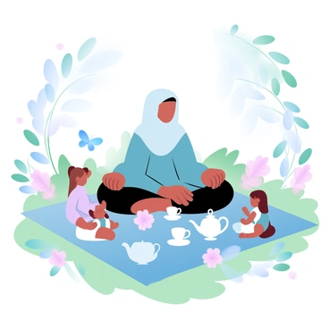 A Muslim girl wearing a colorful dress is sitting cross-legged on a vibrant blanket in a blooming garden. She is surrounded by her dolls, arranged neatly around a miniature table set with tiny teacups and a teapot. The garden is filled with an array of flowers in various colors, and soft green grass provides a lush backdrop. Sunlight filters through the leaves of nearby trees, creating a warm and inviting atmosphere for the tea party. A few butterflies can be seen fluttering around, adding to the lively scene.