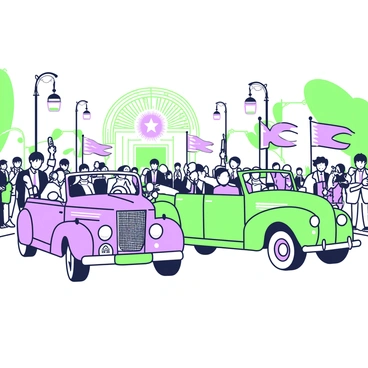 A formal caravan of classic cars is driving down a wide avenue. The first car in the procession is a shiny vintage sedan, with its polished chrome details gleaming. Next to it, a luxurious convertible with the top down showcases its elegant leather interior. Each car is adorned with small flags that represent different official entities. A group of officials, dressed in formal suits, is seated in the cars, attentively engaged in conversation. Spectators line the streets, some waving flags and others taking photographs. In the background, an array of banners and decorations signify a festive atmosphere for the inauguration event.