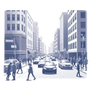 A bustling city street scene is depicted on a 20 x 30 illustration board. The image features a diverse crowd of people walking along the sidewalk, some engaged in conversation while others are focused on their phones. A variety of cars are moving through the street, showcasing different shapes and sizes. Tall buildings line both sides of the street, with windows reflecting the activity below. Streetlights and traffic signs are strategically placed throughout the scene, adding to the urban atmosphere. In the background, a hint of a skyline emerges, suggesting the city’s vastness.