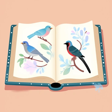An open vintage book lies on a wooden table, displaying beautifully illustrated birds on its pages. The illustrations feature various species, showcasing their intricate feathers and vibrant colors. Each bird is perched in a natural pose among delicate branches and leaves. The pages have a slightly yellowed texture, adding to the antique charm of the book. The book cover is leather-bound, with embossed details along the edges, further highlighting its vintage appeal.