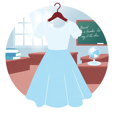 A vintage dress with a flared skirt in soft pastel colors is displayed on a wooden hanger in a classic school classroom. The dress features lace details around the sleeves and a fitted bodice, evoking a sense of nostalgia. In the background, there are wooden desks and a chalkboard filled with handwritten notes. A stack of old books and a vintage globe sit on one of the desks, completing the nostalgic school setting. Sunlight streams through the window, casting gentle light across the room, enhancing the warm atmosphere.