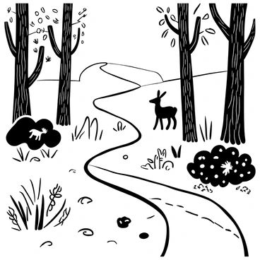 A pathway winding alongside a river, surrounded by tall trees with intricate bark textures. Various wildlife is depicted, including a deer grazing on the grass, a heron standing still near the water's edge, and a rabbit peeking from behind a bush. The river flows gently, with detailed ripples on the surface, and small rocks are scattered along the bank. Foliage flourishes around the scene, with leaves and branches intricately illustrated, creating a sense of tranquility.