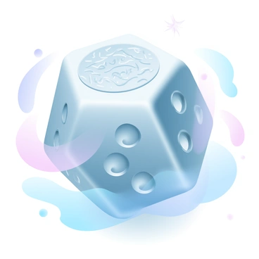 A shiny metallic die is sitting on a smooth, reflective surface. Each face of the die is adorned with intricate engravings that showcase various patterns and symbols. The light glints off the metallic surface, creating reflections and highlights around the die. The background includes soft gradient pastel colors that gently blend into one another, enhancing the focus on the die.