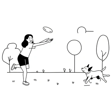 A girl with long hair, wearing a t-shirt and shorts, is playing in a park. She is smiling and bending slightly as she throws a frisbee into the air. A medium-sized dog, with perky ears and a wagging tail, is running excitedly towards the frisbee. The park is filled with trees and grass, and a few scattered flowers can be seen. In the background, a clear sky is visible, indicating a sunny day.