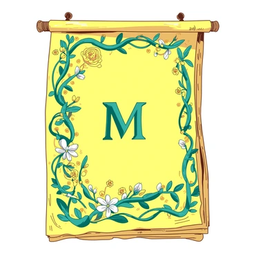 A yellow medieval manuscript page is adorned with intricate, embellished borders made of teal flowers and twisting vines. The flowers vary in size and shape, with some blooming prominently while others curl elegantly along the edges of the page. The background of the manuscript is textured, giving a sense of age and authenticity. In the center, there is a decorative initial letter, crafted in an ornate style, surrounded by an arrangement of the teal vines and yellow blooms, creating a harmonious and visually appealing composition.