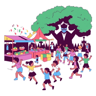 A lively village festival is taking place in the foreground, with colorful stalls displaying bright fruits and handmade crafts. Groups of people are gathered, laughing and dancing, wearing cheerful clothing in a variety of colors. Children are running around, playing games, and enjoying sweet treats from a vendor. In the background, a shadowy figure of "Victor Frankenstein" is partially obscured by a large tree, his expression serious as he observes the festivities. The scene is animated with the vibrant energy of the celebration, contrasting with the dark presence of Victor.