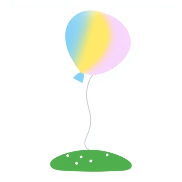 A vibrant balloon with a mix of yellow, blue, and pink colors is drifting upwards against a clear sky. The balloon is tied to a thin string that floats gently in the breeze. Below the balloon, there is a lush green field dotted with small wildflowers, providing a contrast to the bright colors of the balloon. The atmosphere conveys a sense of freedom and new beginnings, as the balloon ascends higher into the vast expanse of blue.