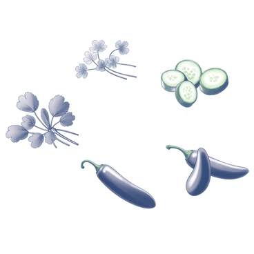 A collection of small illustrations showcasing different banh mi toppings. The first illustration features "fresh cilantro sprigs" with fine, delicate leaves. The second illustration displays "thinly sliced cucumber pieces" arranged neatly, emphasizing their crisp texture. The third illustration presents "sliced jalapeños" with their distinctive shape and seeds visible, capturing their spicy essence. Each topping is isolated, allowing for clear focus on their unique characteristics and details.