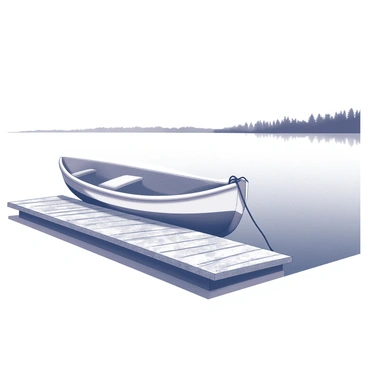 A small fishing boat is securely moored to a weathered wooden dock. The boat has a simple design with a flat bottom and a slight curve along the edges. The dock features rough, textured planks that are slightly worn, indicating its age. The surface of the lake is calm and smooth, reflecting the outlines of the boat and dock. Surrounding the scene are faint silhouettes of trees lining the shoreline, suggesting a tranquil natural environment. The overall composition captures a serene moment by the water.