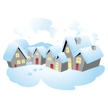 A cozy village covered in snow is nestled among gently sloping hills. The buildings are quaint and have sloped roofs adorned with a thick layer of white snow. Smoke is rising from the chimney tops of several houses, curling up into the cool air. Snowflakes are softly falling from a clear sky, adding to the peaceful atmosphere. The ground is blanketed in fresh, untouched snow, with small footprints leading toward a cluster of houses. Warm light glows from the windows, creating a welcoming contrast against the cold exterior.
